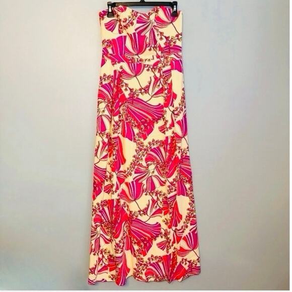 Julie Brown Strapless Maxi Dress Linen Retro 70’s Floral Pink Women's Size 2 - Picture 9 of 9